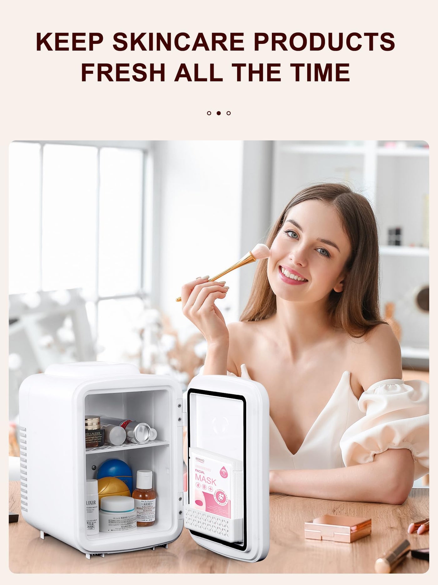 Reemix Mini-Kühlschrank, 4 Liter/6 Dosen, tragbarer Kühler und Wärmer persönlicher Kühlschrank für Hautpflege, Kosmetik, Getränke, Lebensmittel, ideal für Schlafzimmer, Büro, Auto, Freonfrei (Weiß)