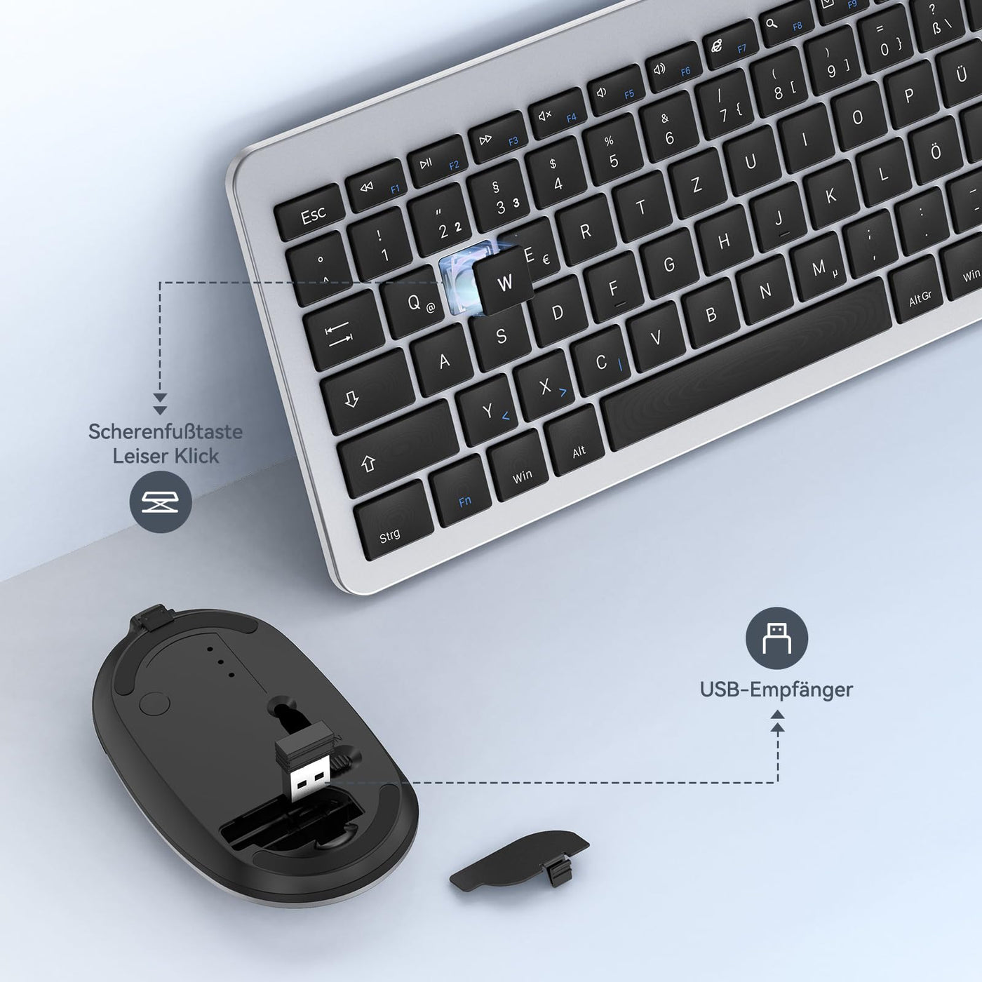Tastatur Maus Set Kabellos, seenda Ultra-Dünne Wiederaufladbare Funk Tastatur Maus Set, Ergonomische Tastatur Kabellos mit Silikon Staubschutz für PC/Laptop/Smart TV, DE QWERTZ Layout, Schwarz&Silber