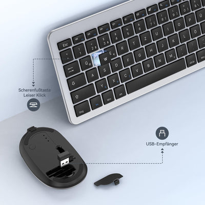 Tastatur Maus Set Kabellos, seenda Ultra-Dünne Wiederaufladbare Funk Tastatur Maus Set, Ergonomische Tastatur Kabellos mit Silikon Staubschutz für PC/Laptop/Smart TV, DE QWERTZ Layout, Schwarz&Silber