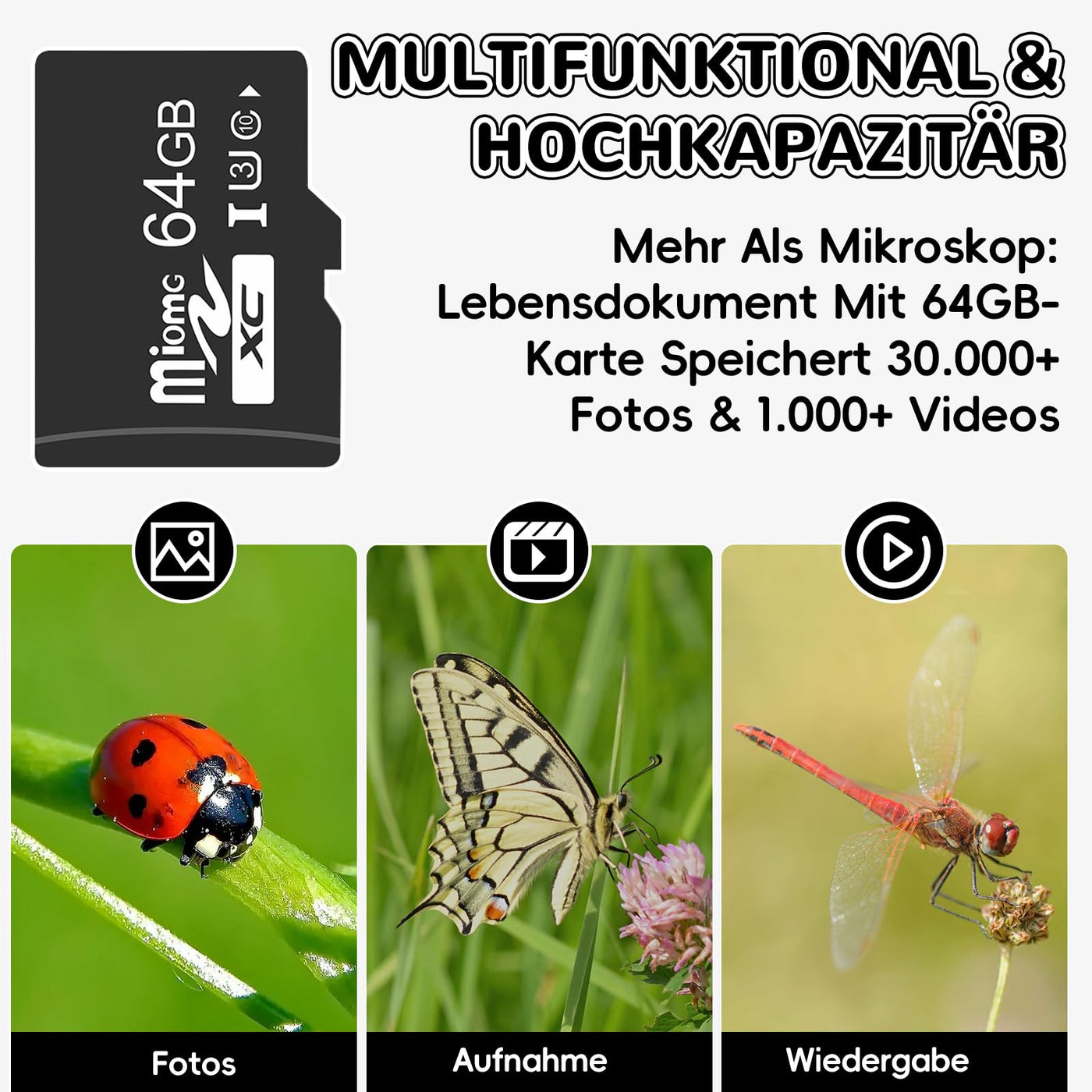 Charmofun Mikroskop für Kinder, Digitales Mikroskop mit 4 Zoll LCD-Display und 1600X Große Vergrößerung, Microscope for Kids mit 64GB Speicherkarte, Foto-und Videoaufnahme, Hand-und Stativfunktion