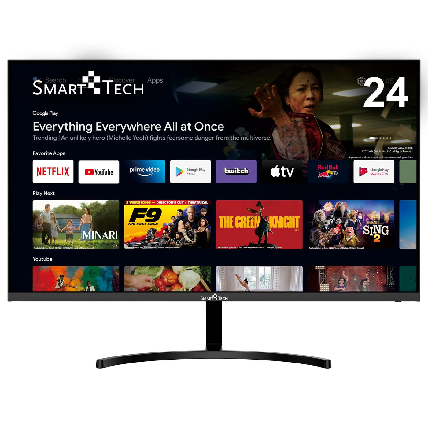 SMART TECH Smart Monitor 24 Zoll (60cm), FHD Monitor Android (Bluetooth, Monitor mit Lautsprechern, rahmenloses, Netflix, YouTube, Prime Video, Google Play, DAZN, Disney+) Klein mit WLAN