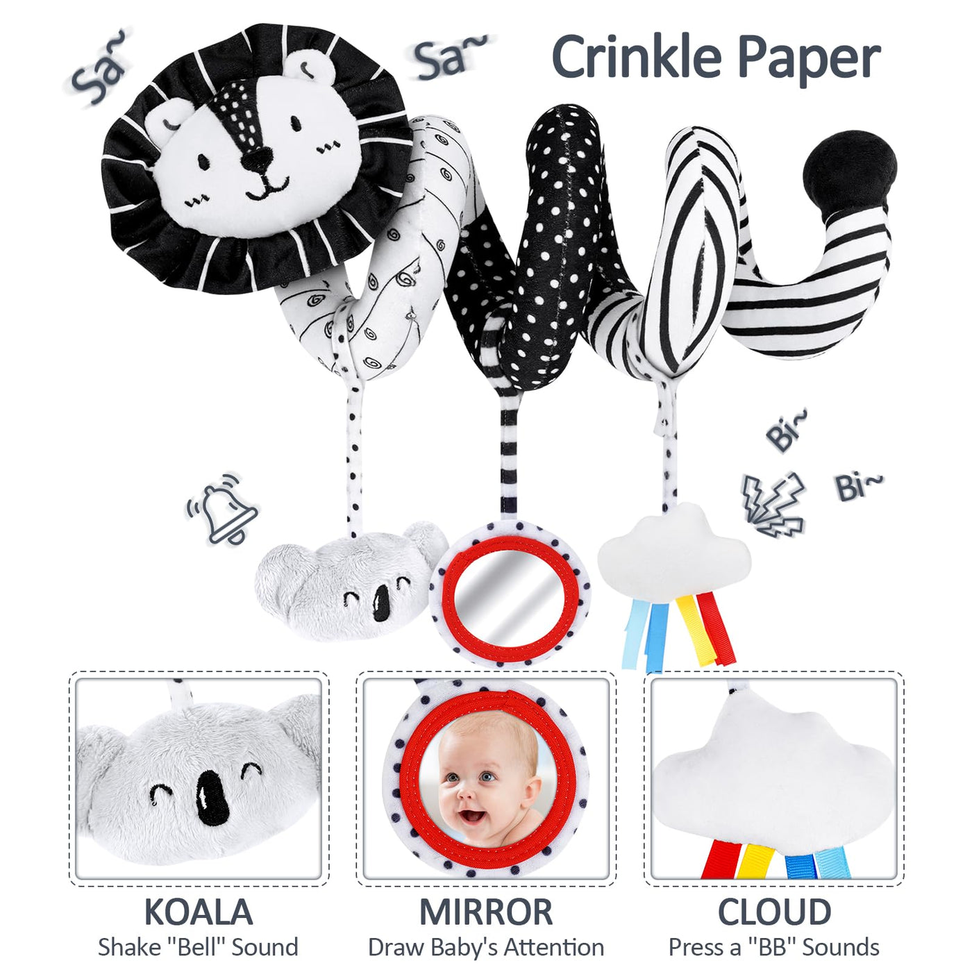 Joyreal Kinderwagen Spielzeug - Schwarz Weiss Spielzeug Stoffbuch, Kontrastbuch Baby, Kontrastkarten Baby, Sensorik Kontrast Spielzeug, Neugeborenen