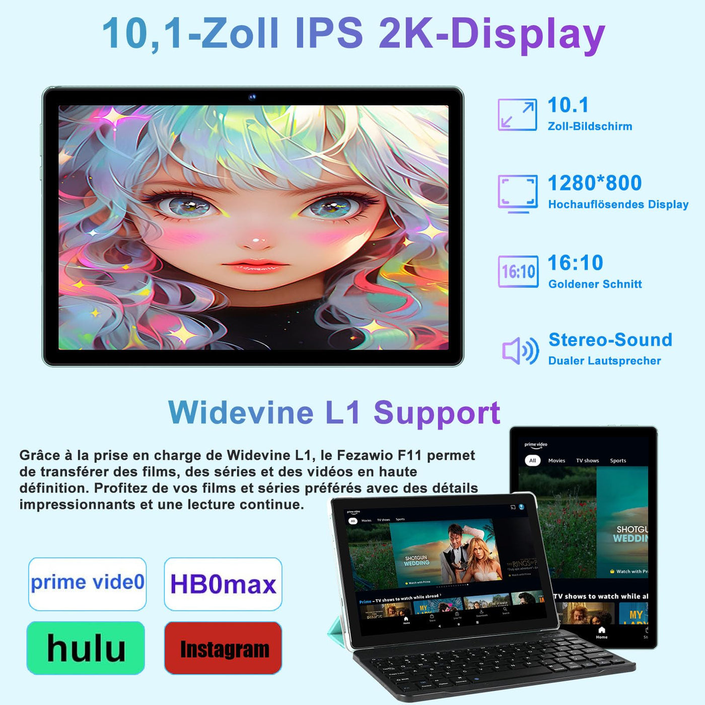 fezawio Android 14 Tablet 10 Zoll 20GB RAM+128GB ROM, Octa-Core WiFi 6, 6000mAh, (1TB TF) Tablet mit Tastatur und Maus-(grün)