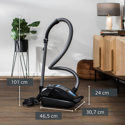 Siemens Staubsauger mit Beutel Q5.0 extreme silencePower VSQ5X1230, Bodenstaubsauger, ideal für Allergiker, Hygiene-Filter, starke Saugleistung, Bodendüse für Parkett, Teppich, Fliesen, 850 W, schwarz