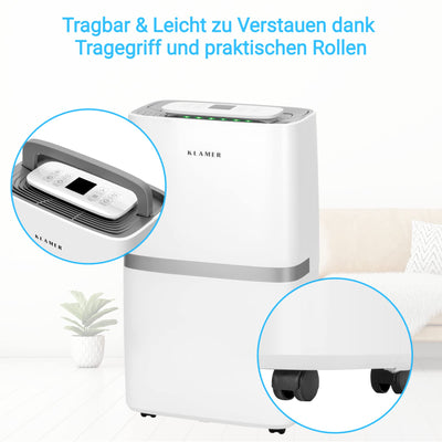 KLAMER Luftentfeuchter elektrisch 25L, 195m³ Luftumwälzung pro Stunde, 420W starker Raumentfeuchter, Entfeuchter mit bis zu 5,5 Liter Fassungsvermögen