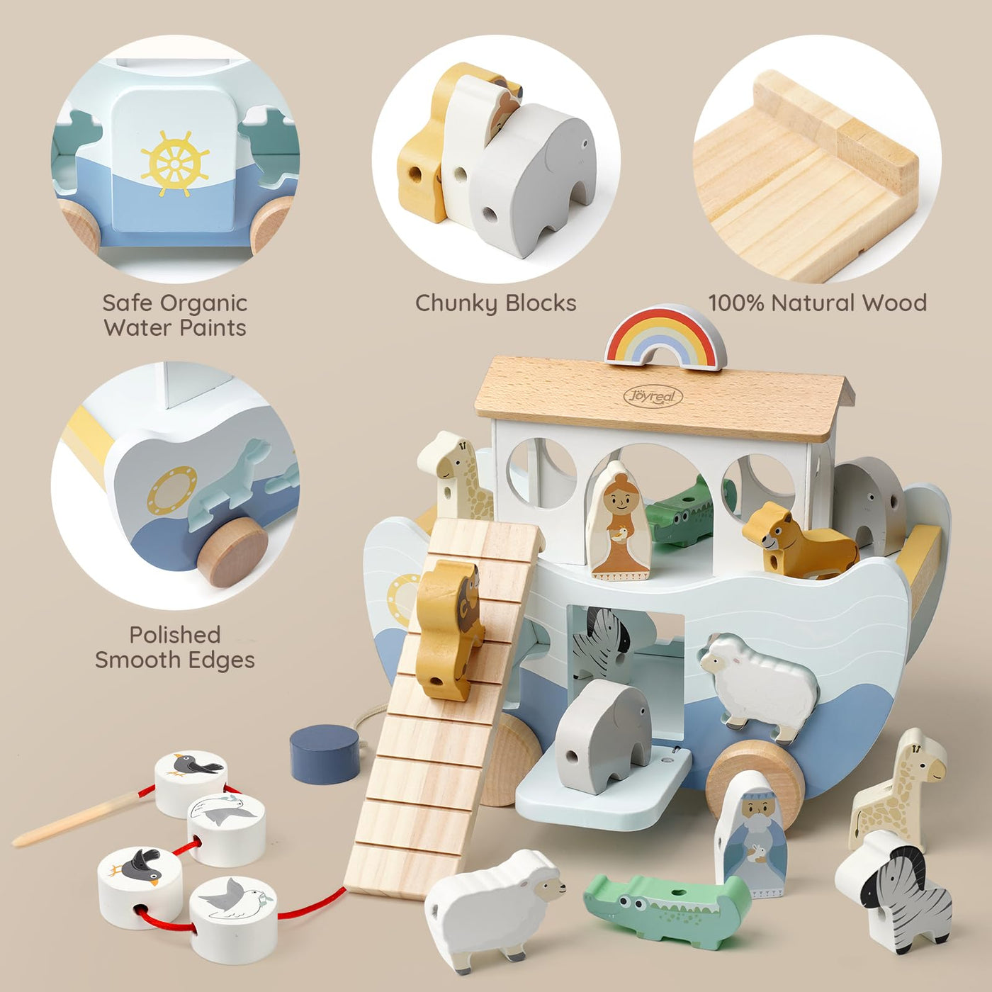 Joyreal Arche Noah Holz - Taufgeschenke für Mädchen Jungen Kinder, Geschenk Taufe, Montessori Spielzeug ab 1 2 3 Jahr, Holzspielzeug mit Bauernhof Spielzeug Sortier Stapel