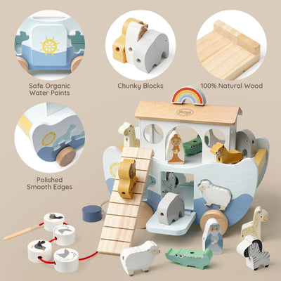 Joyreal Arche Noah Holz - Taufgeschenke für Mädchen Jungen Kinder, Geschenk Taufe, Montessori Spielzeug ab 1 2 3 Jahr, Holzspielzeug mit Bauernhof Spielzeug Sortier Stapel