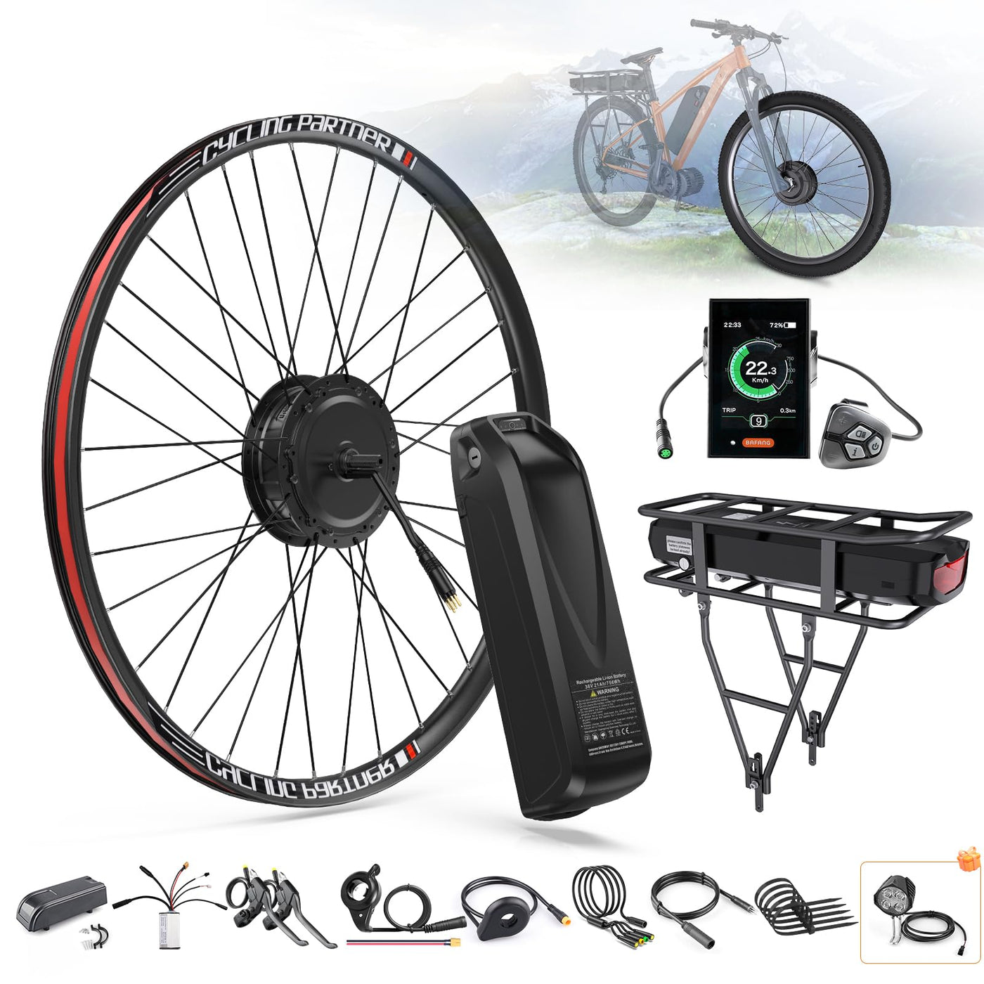 BAFANG 500W E-Bike-Umrüstset vorne - 48V 20" 26" 27,5" 28" 29" 700C Fronthub-Motorset mit E-Bike-Batterie (optional), LCD-Anzeige und PAS-Sensor
