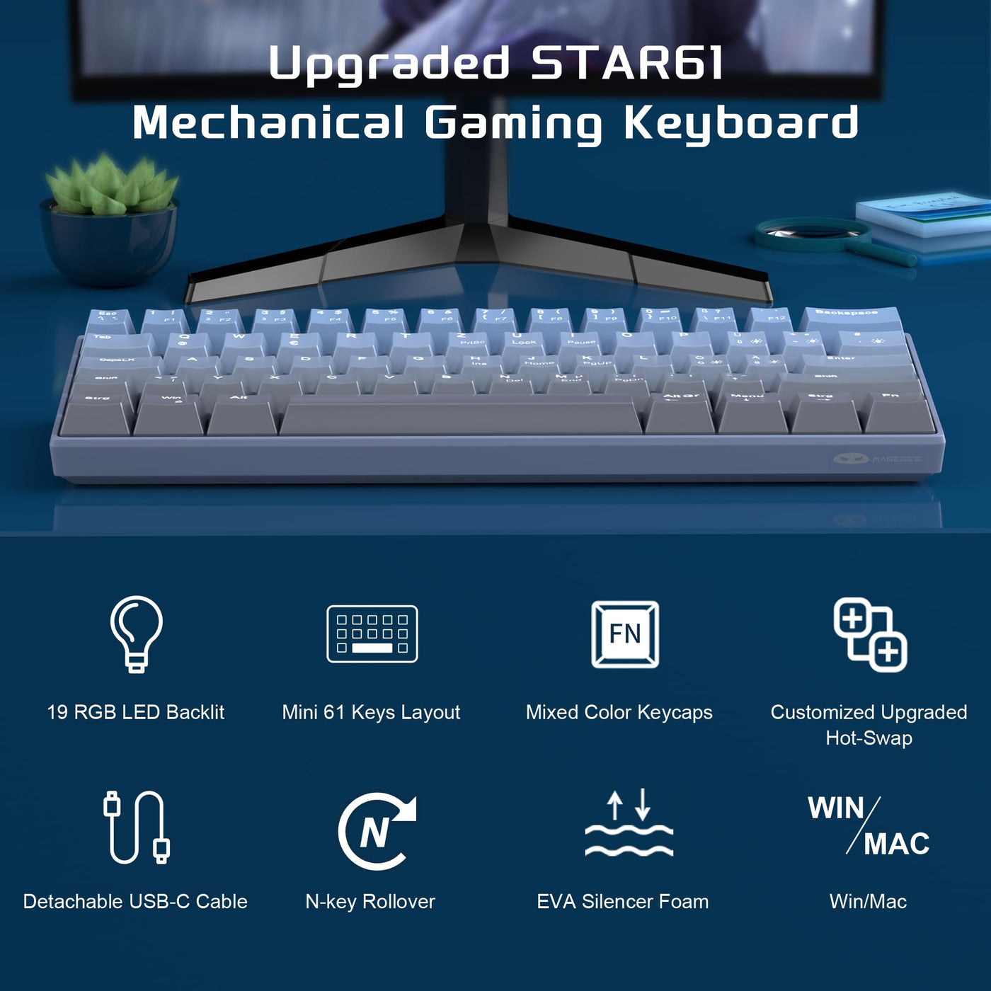 MageGee MK-STAR61 60% Mechanische Tastatur DE Layout, Hot-Swap-fähige kabelgebundene RGB-Gaming-Tastatur mit Farbstoff-Sublimationstastenkappen, vorgeölten Schaltern, Eva-Schaum für Mac/Win (blau)