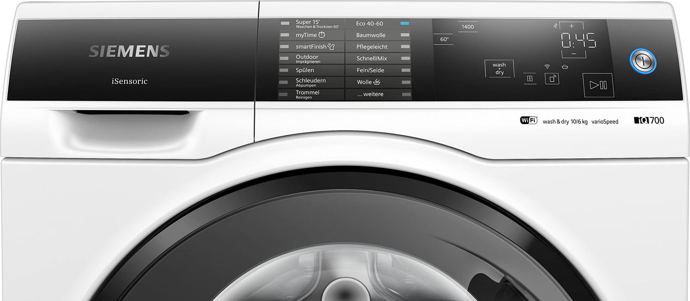 Siemens WD14U513 Waschtrockner iQ700, Frontlader mit 10-6kg Fassungsvermögen, 1400 UpM, HomeConnect, smartFinish, autoDry, speedPack XL, Weiß, 60cm