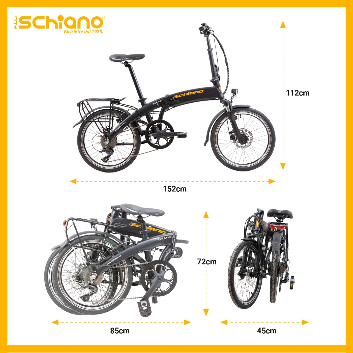 F.lli Schiano Galaxy, E Bike Klappbar 20 Zoll, 36V 10.4Ah Abnehmbarer Akku, Motor 250W 40Nm, Klapprad Ebike für Herren/Damen, Schwarz-Orange