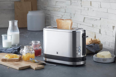 WMF Küchenminis 1-Scheiben Toaster Langschlitz XXl-Toast, Mini Toaster mit Brötchenaufsatz 7 Bräunungsstufen Überhitzungsschutz 600W Edelstahl matt
