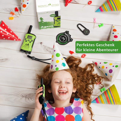 Monte Stivo® Walkie Talkie Kinder | 8-teiliges Set mit Kompass & Badge | Geschenke Kinder Outdoor Spielzeug für Junge und Mädchen