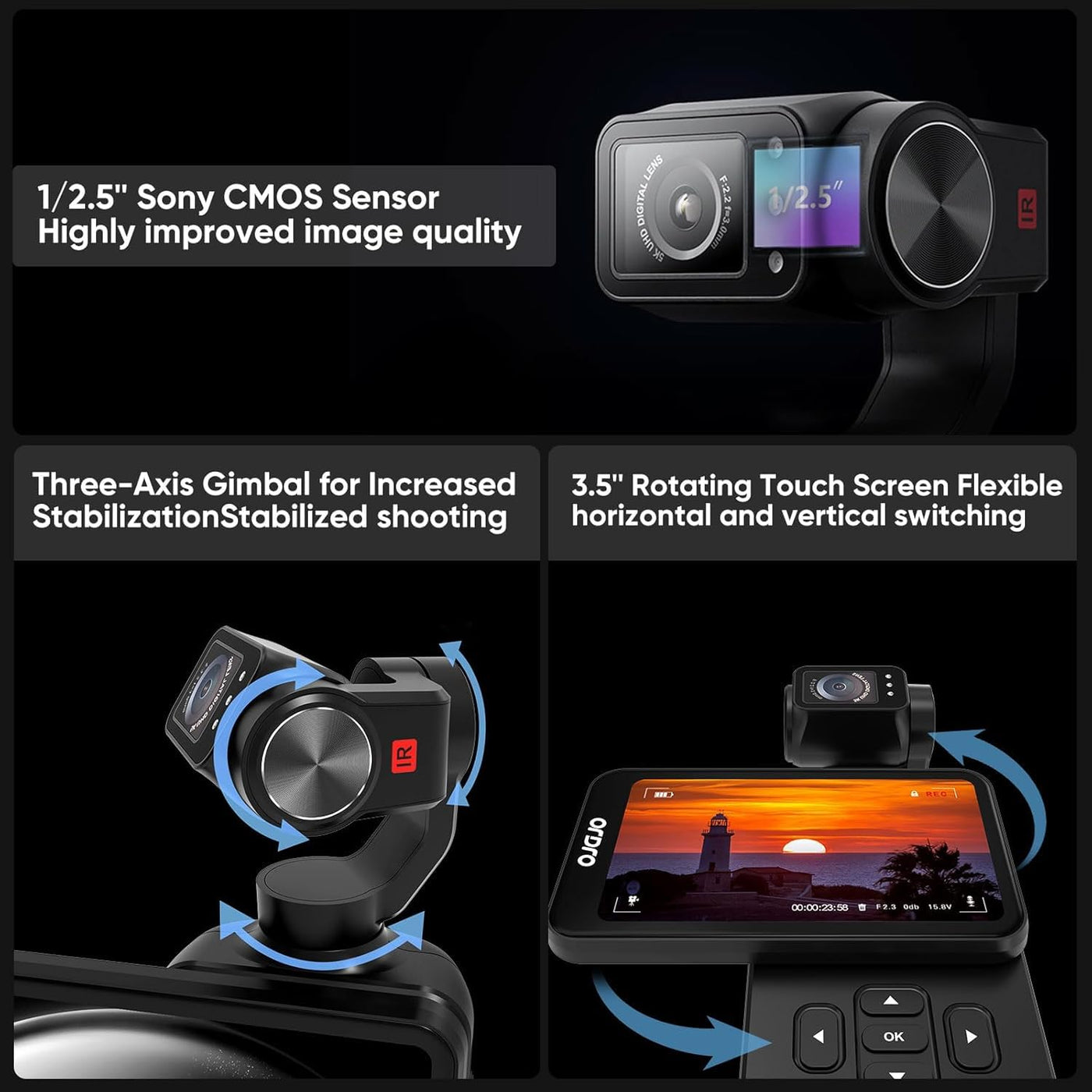 ORDRO M5 Handheld Set mit 3-Achsen-Stabilisierung, tragbare WiFi Vlog-Kamera mit IR-Nachtsicht, 120° Weitwinkel und Gesichtserkennung für YouTube