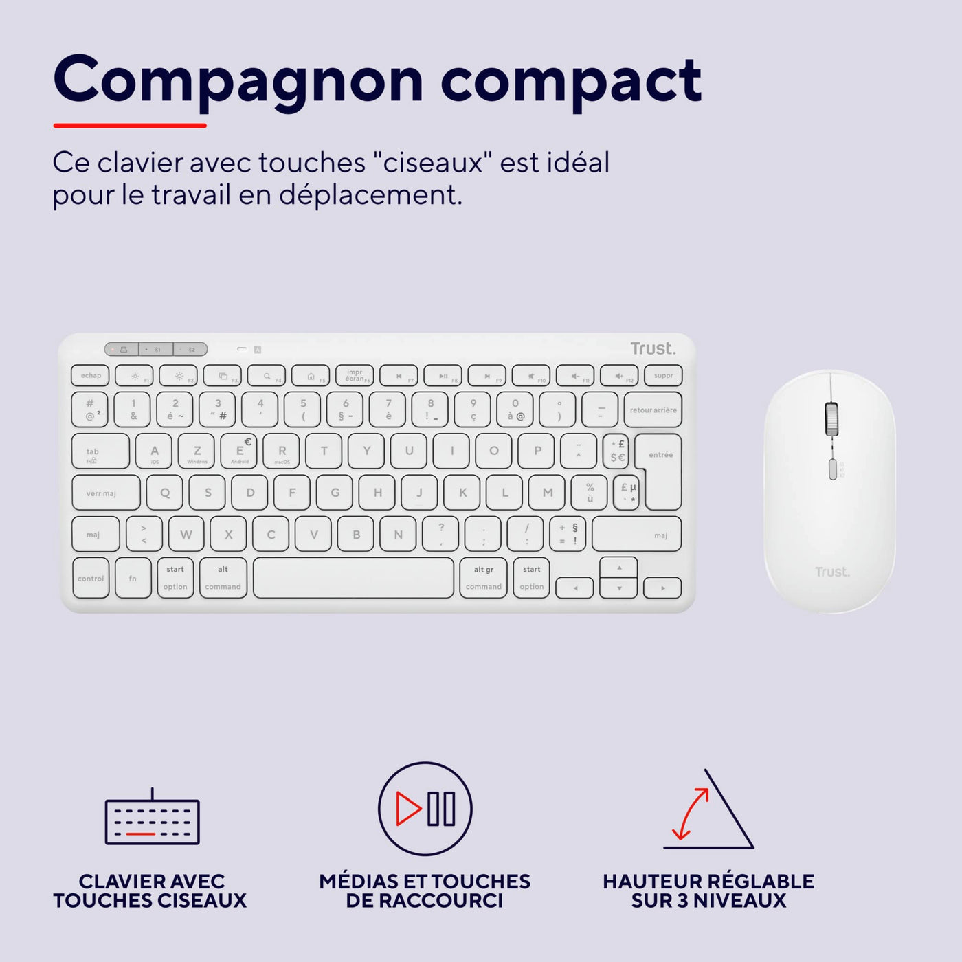 Trust Lyra Pack Clavier et Souris sans Fil Bluetooth, AZERTY Français - Blanc