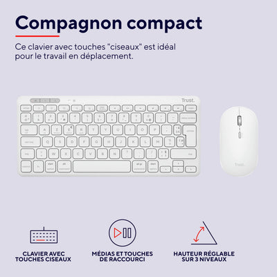 Trust Lyra Pack Clavier et Souris sans Fil Bluetooth, AZERTY Français - Blanc