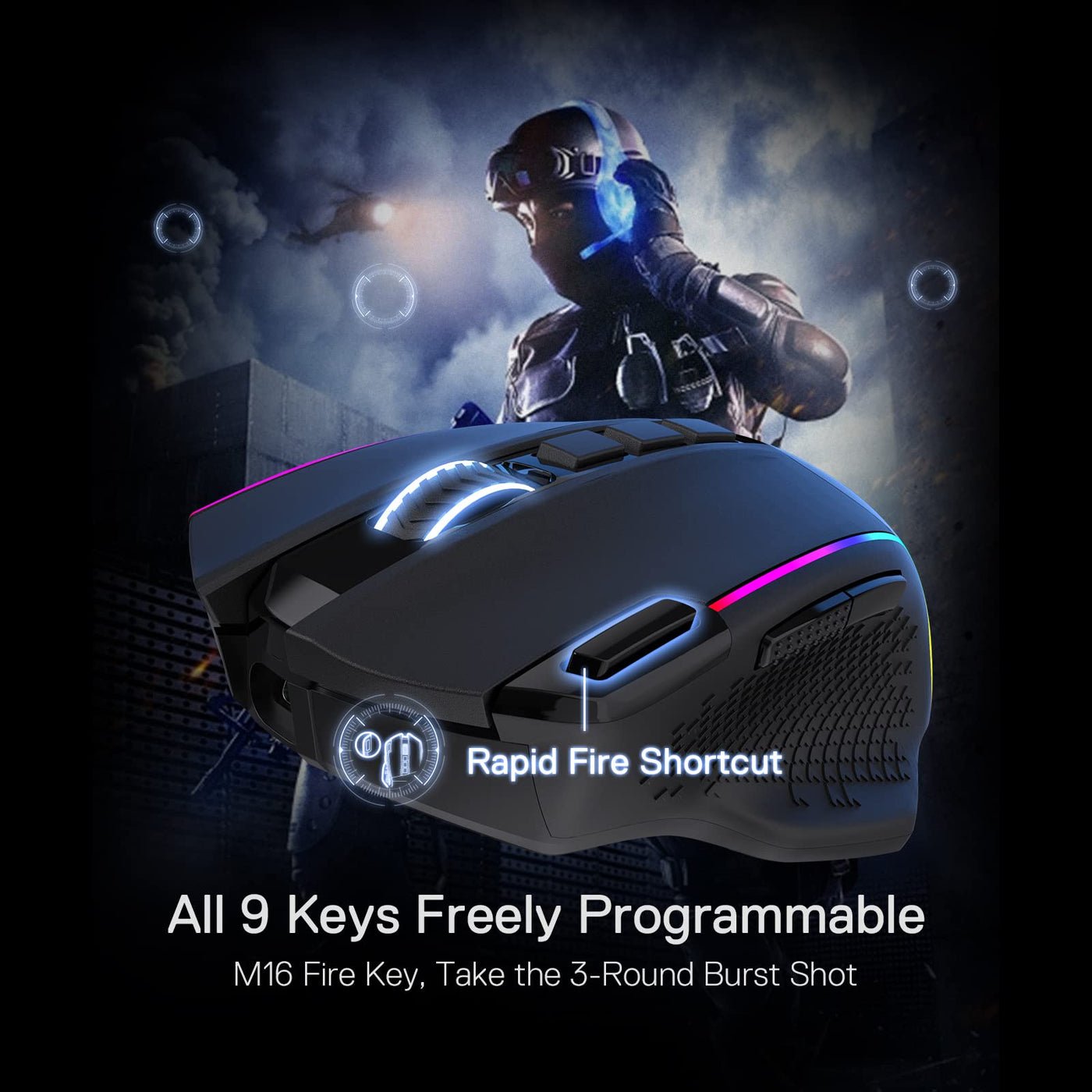 Redragon M991 kabellose Gaming-Maus, 19000 DPI kabelgebundene/drahtlose Maus mit Schnellfeuertaste, 9 Makro-Tasten, 45-Stunden-Dauerleistung und RGB-Hintergrundbeleuchtung für PC/Mac/Laptop