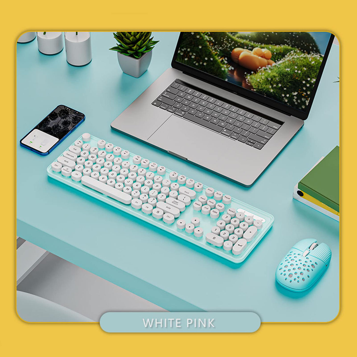 Annadue Kabellose Tastatur und Maus, 2,4 G Retro Punk Mechanisches Tastatur und Maus Set mit Runden Tastenkappen, 800, 1600, 2400 DPI, für Office/Gaming. (Blaues Brett)
