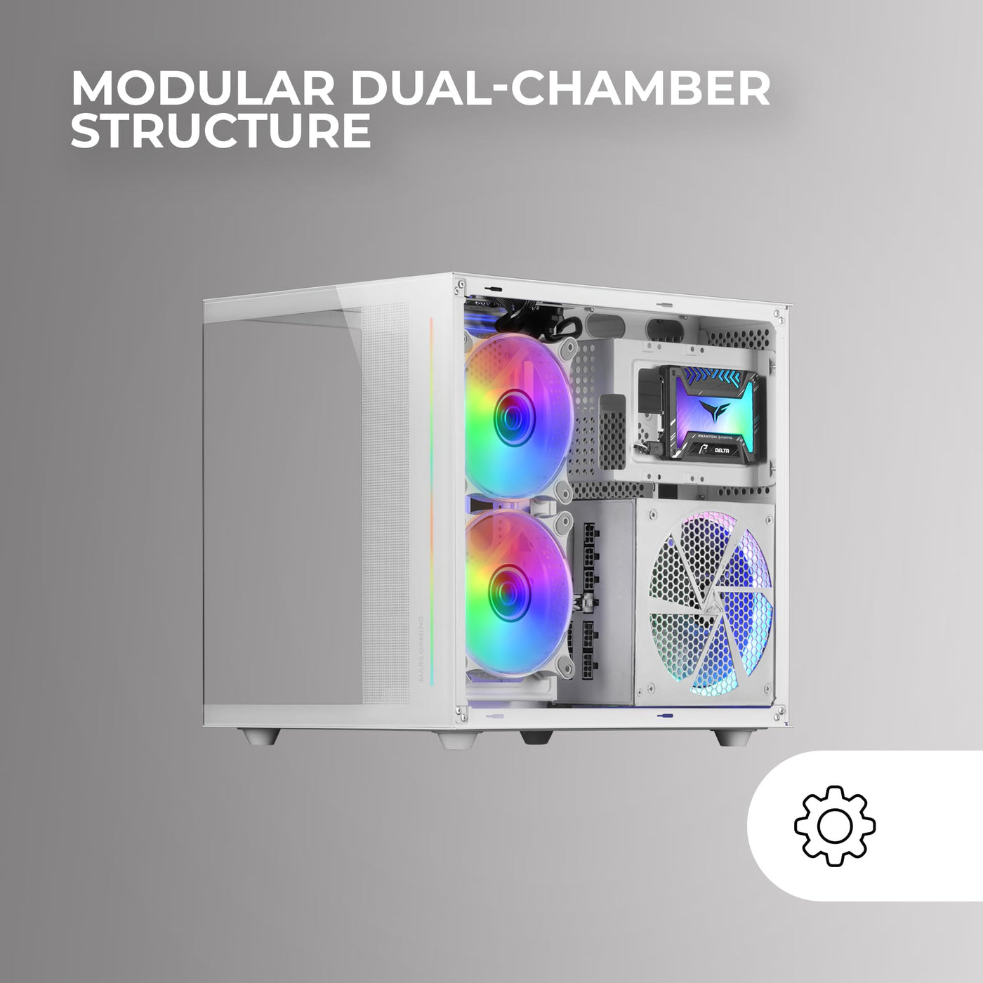 Mars Gaming MC-View Weiß, Micro-ATX Mini Gaming Tower Gehäuse, 90° Gehärtetes Glas ohne Rahmen, Modulares Doppelkammer-Design, Volle Unterstützung für Flüssigkeitskühlung