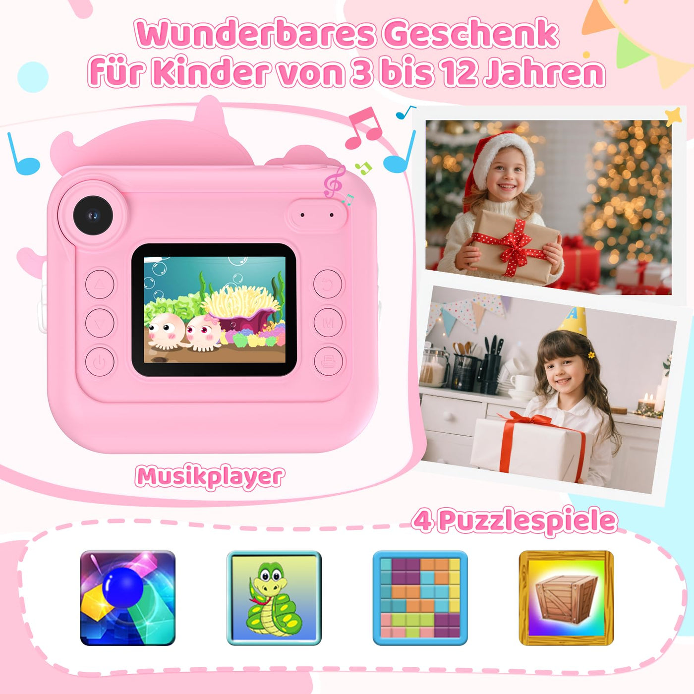 Fippesax Sofortbildkamera Kinder, 1080P HD Kinderkamera mit 32-GB-Karte, 48MP Selfie Kinderkamera Sofortbildkamera, Kinderspielzeug Einhorn Geschenke für Mädchen & Jungen von 3-12 Jahren