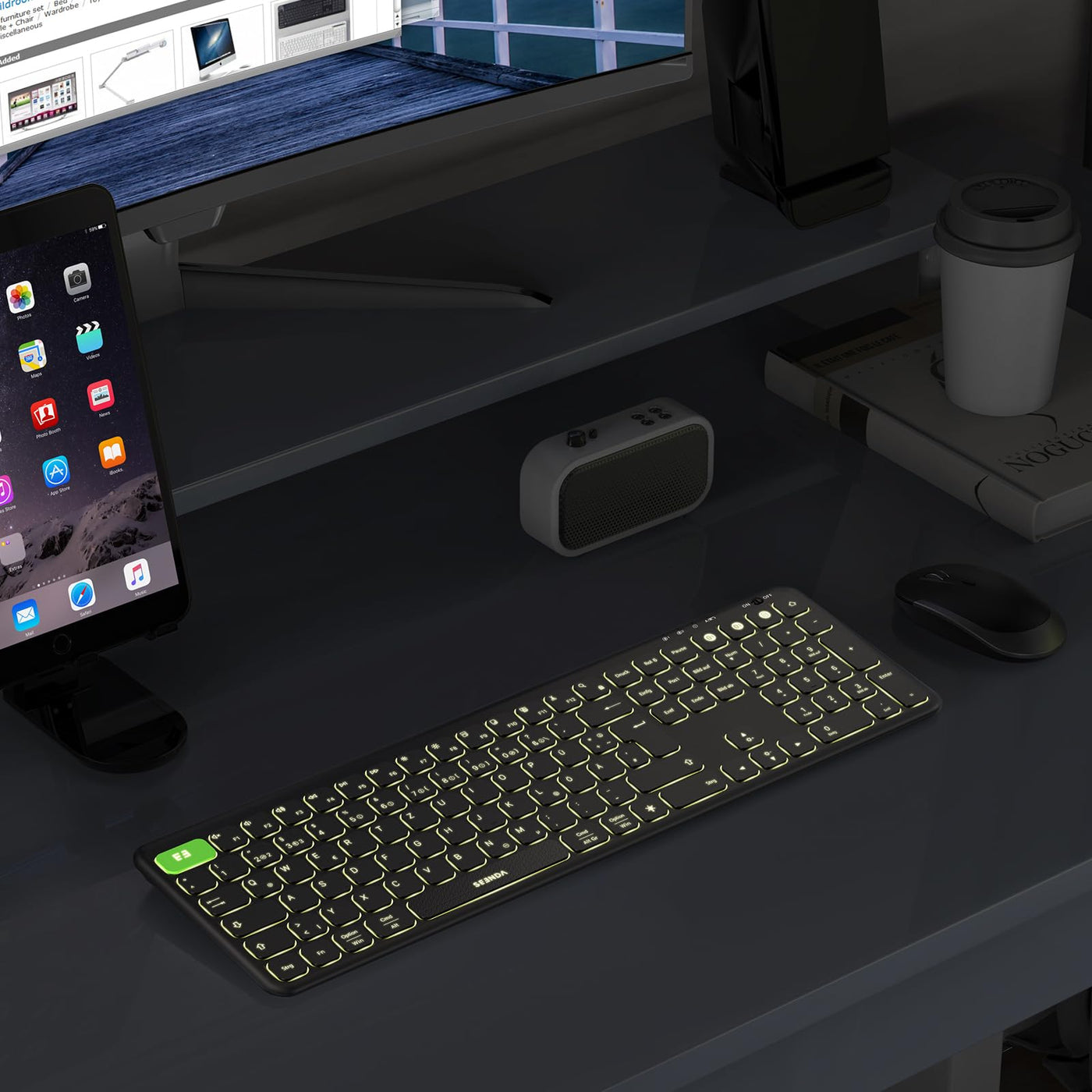 seenda Tastatur kabellos beleuchtet, USB & Bluetooth Tastatur mit 7 Farben Hintergrundbeleuchtung, Wiederaufladbare Leise Funktastatur für PC, Laptop, MacBook,Tablet, QWERTZ Layout(Schwarz)