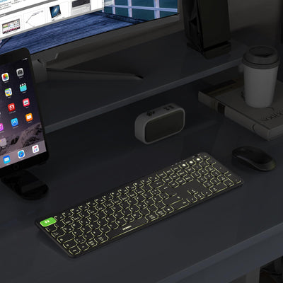 seenda Tastatur kabellos beleuchtet, USB & Bluetooth Tastatur mit 7 Farben Hintergrundbeleuchtung, Wiederaufladbare Leise Funktastatur für PC, Laptop, MacBook,Tablet, QWERTZ Layout(Schwarz)