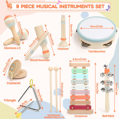 Musikinstrumente für Kinder, Kinderspielzeug ab 3 Jahre, Montessori Spielzeug, Holzspielzeug Baby Schlagzeug Kinder Trommel, Percussion-Instrumente Set, Geschenkideen für Jungen Mädchen 3+(9 in 1)
