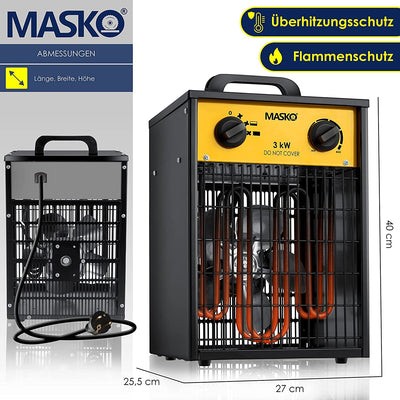 Masko® Elektroheizer Heizlüfter Bauheizer 3 KW mit integriertem Thermostat elektrisch Heizgerät 3000 Watt 3 Heizstufen Heizgebläse für Innen- und Außeneinsatz Überlastschutz Elektroheizgebläse Gelb