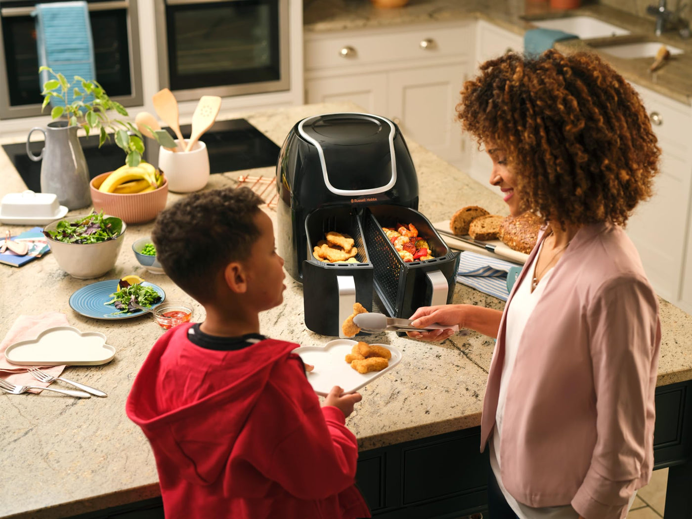 Russell Hobbs Heißluftfritteuse Doppelkammer [2 Fächer je 4,25l, nur getrennt nutzbar, Gesamtvolumen 8,5l] Rapid Air Fryer Technik (8 Programme, spülmaschinenfest,Touchscreen) AirFryer 27290-56S