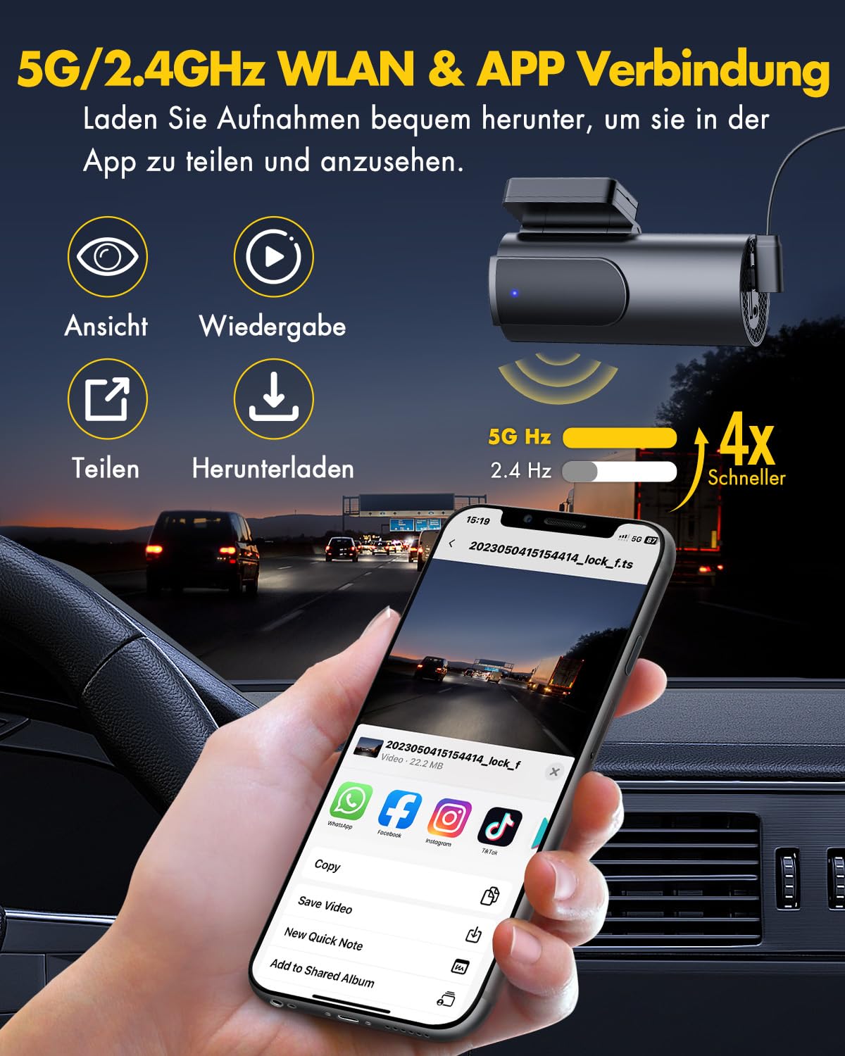 GKU Dashcam Auto Vorne Hinten 4K+1080P, 5GHz WiFi Dash Cam mit 64GB SD Karte, Auto Kamera mit Parküberwachung, Super Nachtsicht, WDR, 170° Weitwinkel, G-Sensor, Loop-Aufnahme, APP Steuerung, Max 256GB