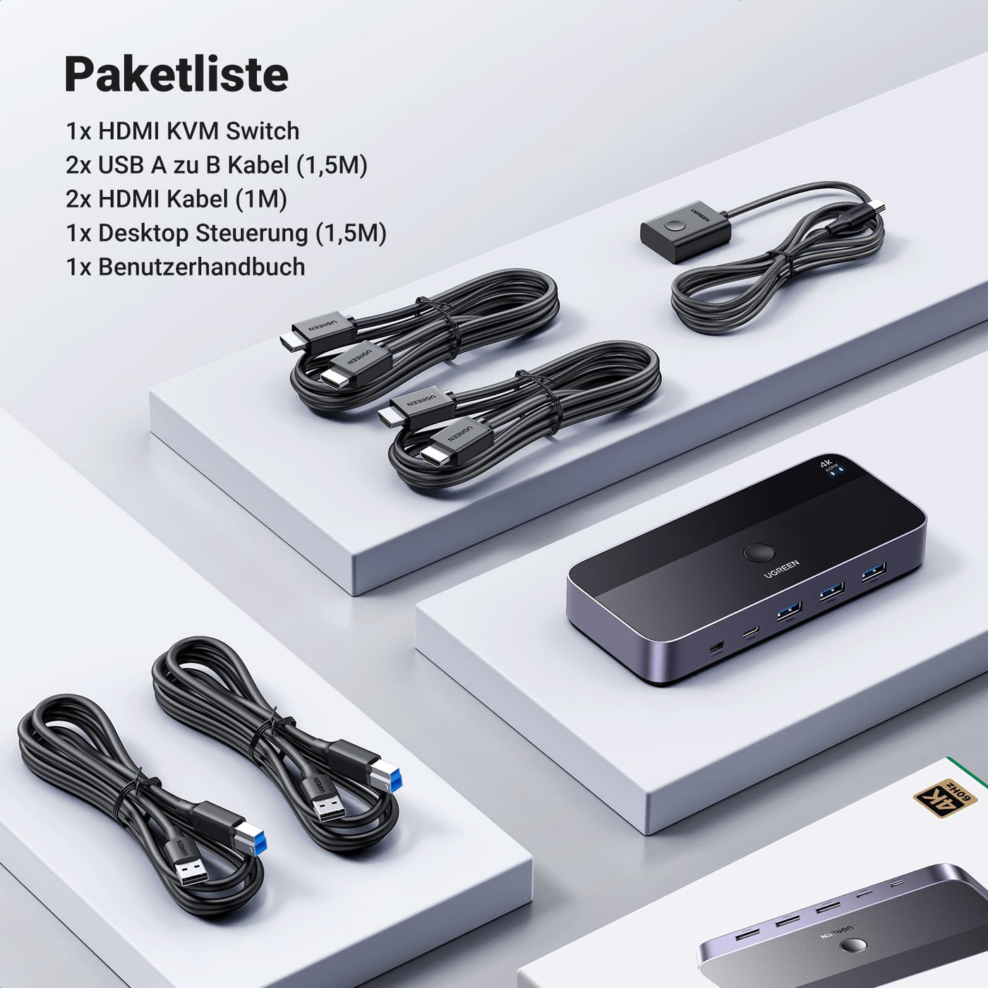 UGREEN HDMI 2.0 KVM Switch 4K@60Hz USB 3.0 Switch 4 USB Ports (3*USB 3.0+ USB C) Sharing 1 Monitor und Tastatur, Maus, Drucker, U disk für 2 PC mit 2 USB Kabeln und 2 HDMI Kabeln.