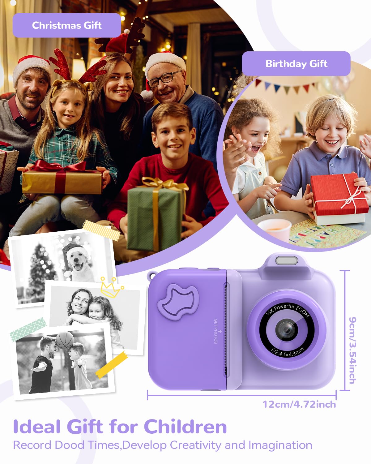 JoJoego Kinderkamera Sofortbildkamera, 2,4-Zoll 24MP Kinder Digitalkamera mit Selfie,1080P HD Dual-Kamera, 32GB Speicherkarte, 5 Rollen Druckerpapier, Geschenk für Kinder von 3-12 Jahren, Lila