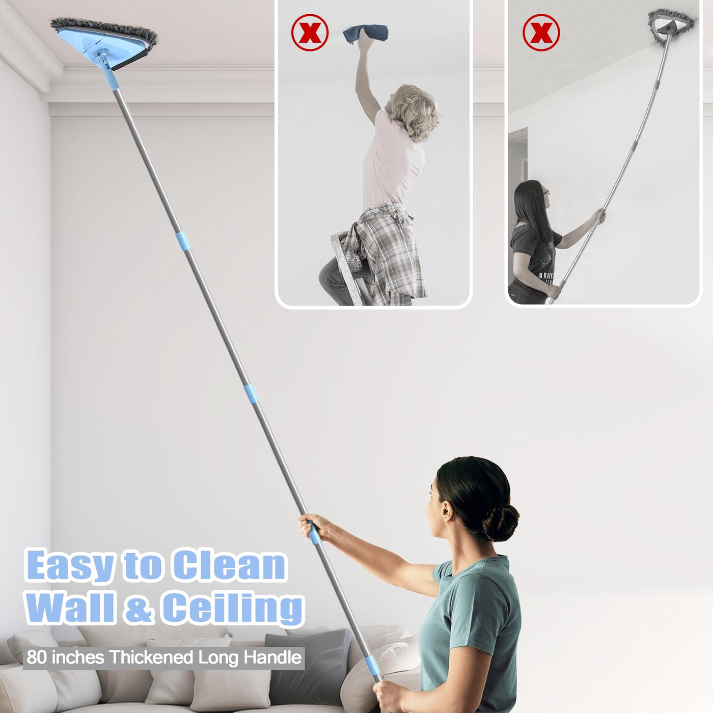 NEWE Rückenschonender Wand Mop mit 202 cm Langem Griff, 180° Klappbares Bodenwischer Wischmopp mit Rakel, Dreiecksmopp mit 4 Chenillepads und 2 Mikrofaserpads zum Waschen für Gemalte Wände, Decke