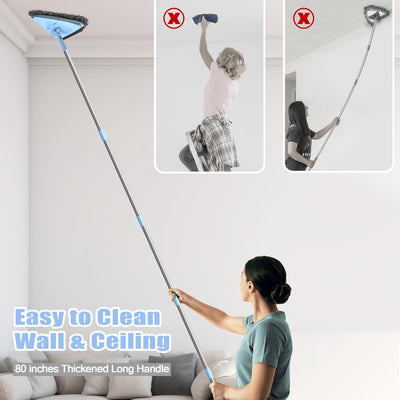 NEWE Rückenschonender Wand Mop mit 202 cm Langem Griff, 180° Klappbares Bodenwischer Wischmopp mit Rakel, Dreiecksmopp mit 4 Chenillepads und 2 Mikrofaserpads zum Waschen für Gemalte Wände, Decke