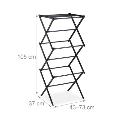 Relaxdays Wäscheständer klappbar, 11 Stangen auf 6 Ebenen, HBT: 105x73x37 cm, ausziehbarer Wäscheturm, Metall, schwarz