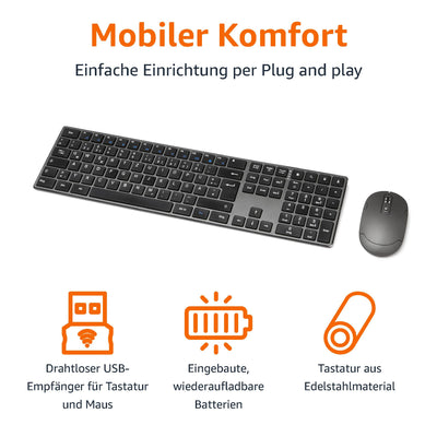 Amazon Basics Tastatur und Maus, kabellos, aufladbar, ultradünn, leiser Anschlag, mit Nummernblock, (dt. Layout nicht garantiert), schwarz