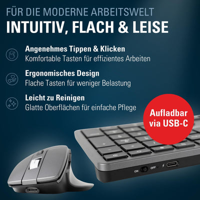 freeVoice Tastatur Set inkl. Maus I Kabellose & wiederaufladbare Tastatur für Laptop & Computer I Leise Computer-Tastatur mit Easy-Switch Taste I Flaches Keyboard für Büro, Zuhause & Home-Office