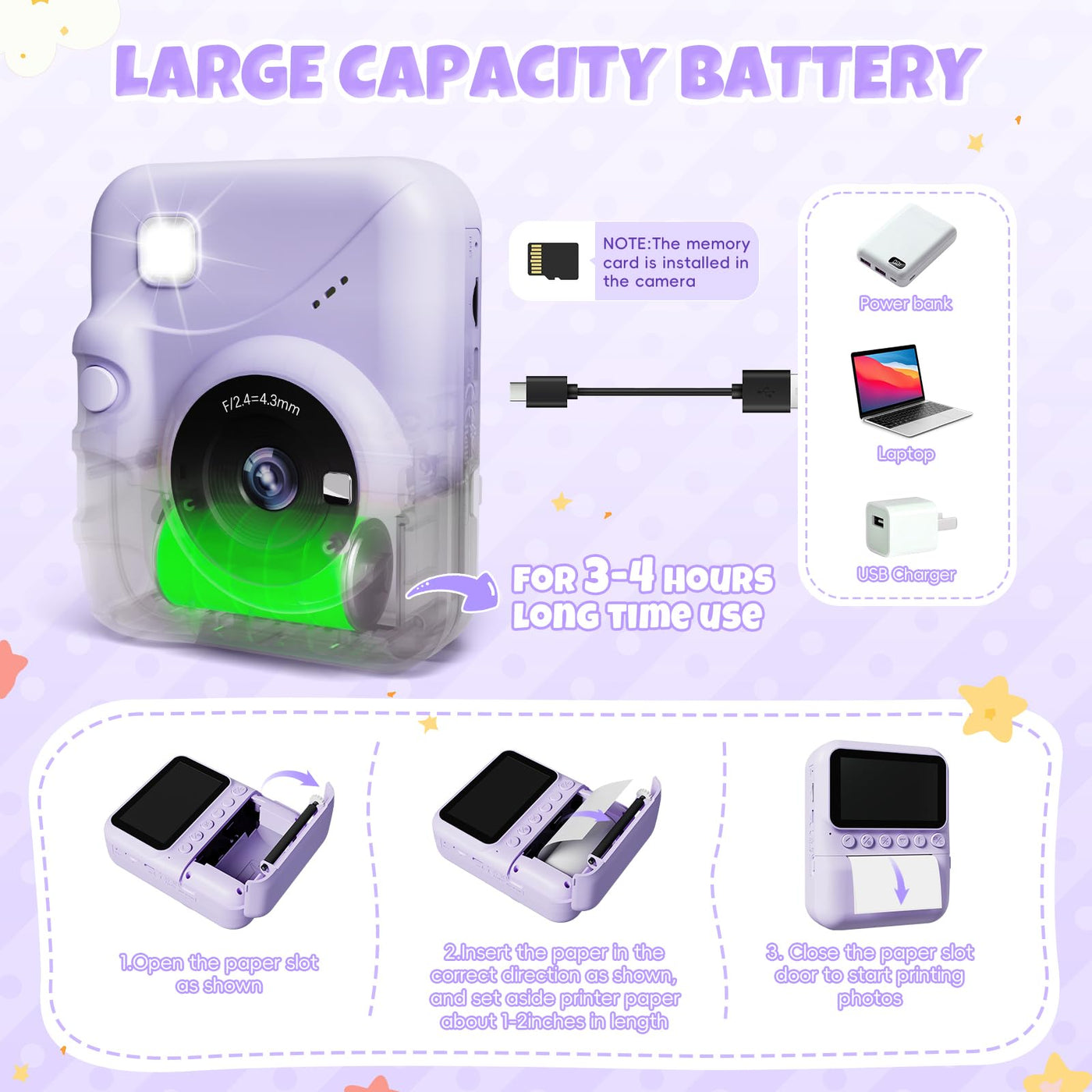 CalineGam Sofortbildkamera Kinder, 3,0 Zoll Bildschirm 48MP Kinderkamera Sofortbildkamera mit 32 GB-Karte, 1080P HD Kamera Kinder Sofortdruck, Geschenk für 3-12 Jungen und Mädchen