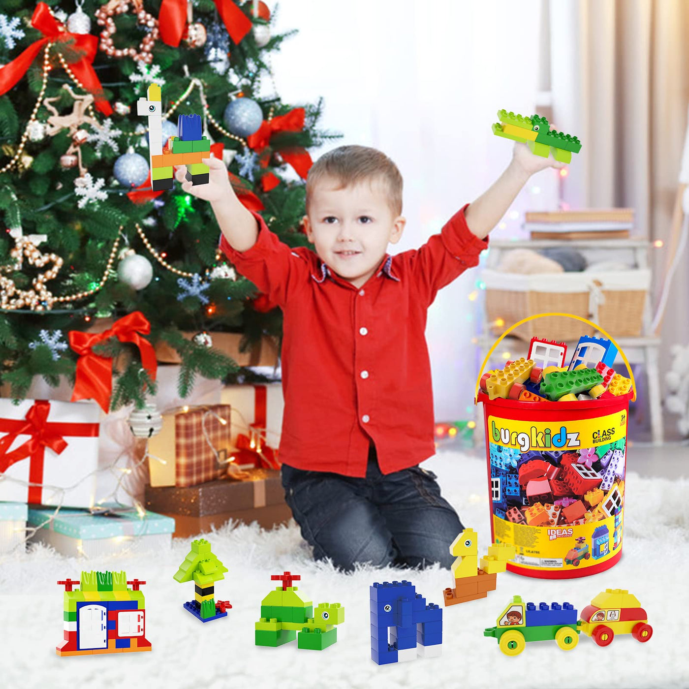 burgkidz Classic Große Bausteine Lernspielzeug in Starkem Plastikeimer, 214 Stück Bauklötze Hochbau Ziegel Bunte Spielzeug Spiel für Kleinkind Jungen Mädchen, Grundfarben