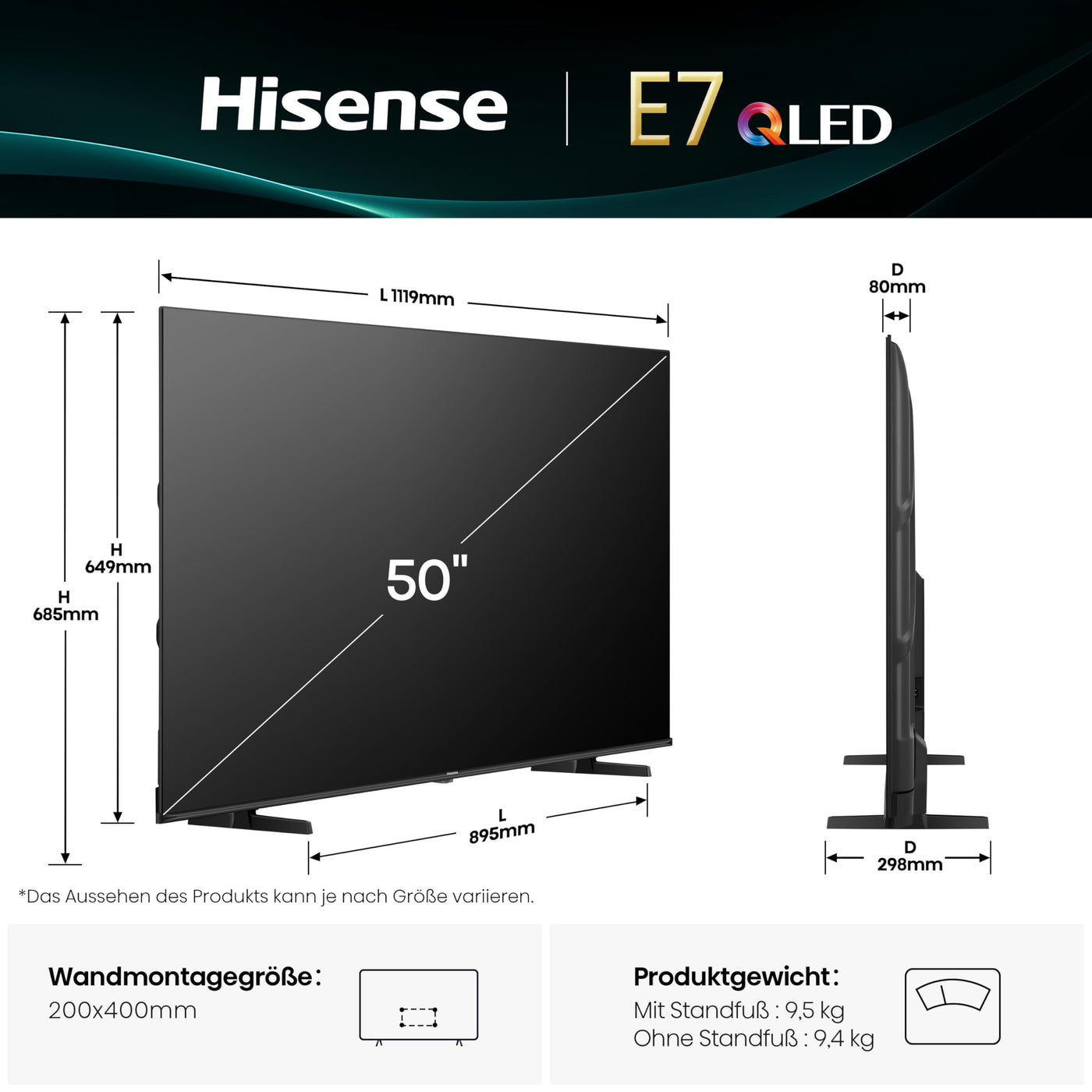 Hisense 50E7Q Fehrnseher, 50 Zoll, 4K QLED, Smart TV, Game Mode Plus, Filmaker Mode, Dolby Vision Atmos, HDR10, HLG, HDR Immersive, AI 4K Upscaler, Dolby MS12, DTS X, Sprachsteuerung [2025]