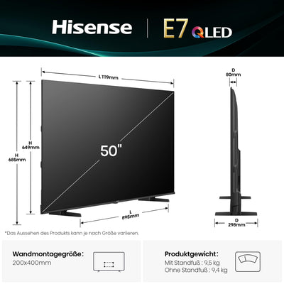 Hisense 50E7Q Fehrnseher, 50 Zoll, 4K QLED, Smart TV, Game Mode Plus, Filmaker Mode, Dolby Vision Atmos, HDR10, HLG, HDR Immersive, AI 4K Upscaler, Dolby MS12, DTS X, Sprachsteuerung [2025]