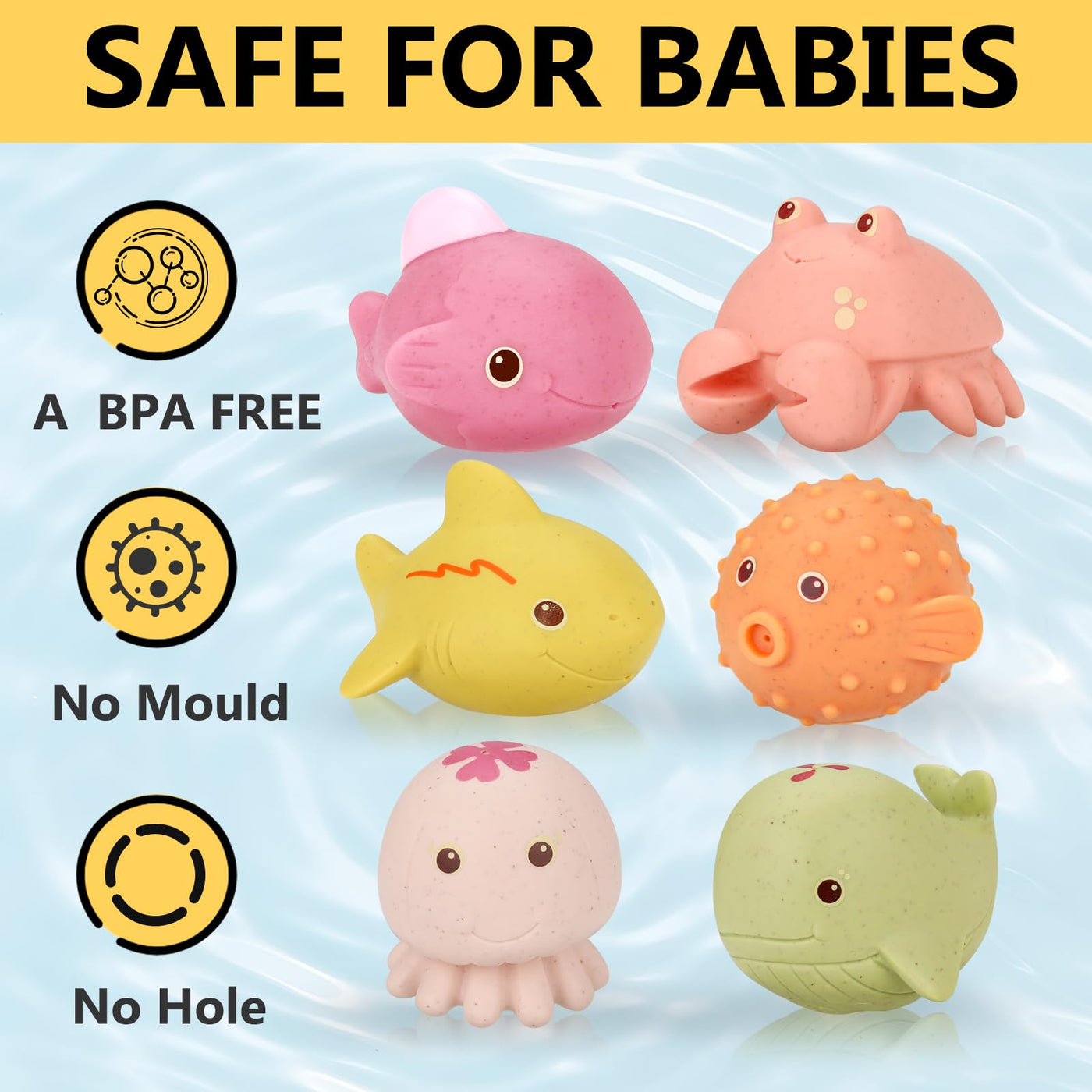 Badetiere Baby Schimmelfrei – 6 Stück Badespielzeug Ohne Löcher, Wasserspielzeug für Kinder, Umweltfreundlich & Sicher, Für Babybadewanne, Pool & Strand, Fördert Hand-Auge-Koordination