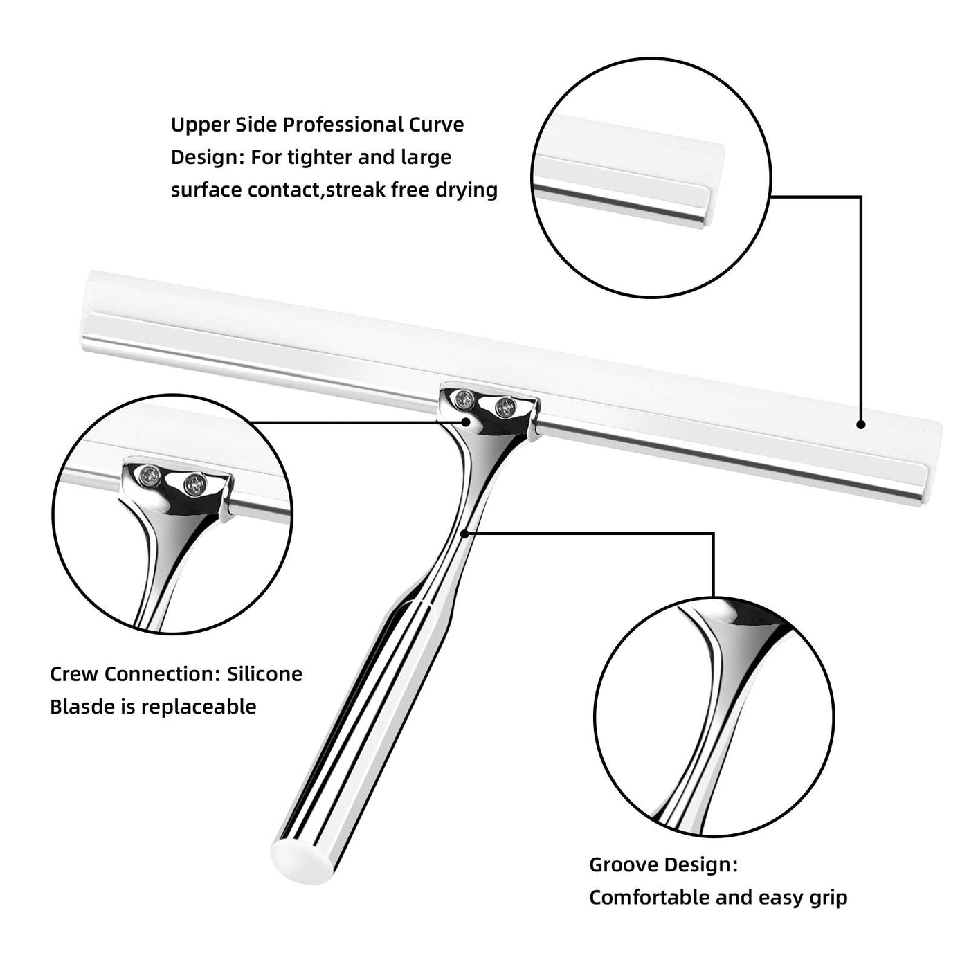 Telgoner Duschabzieher, Abzieher Dusche Edelstahl, Fensterabzieher mit 2 Silikon Wischlippe, 25cm Duschwischer mit Wandaufhänger Ohne Bohren für Badezimmer, Küche, Fenster und Auto Glas Reinigung