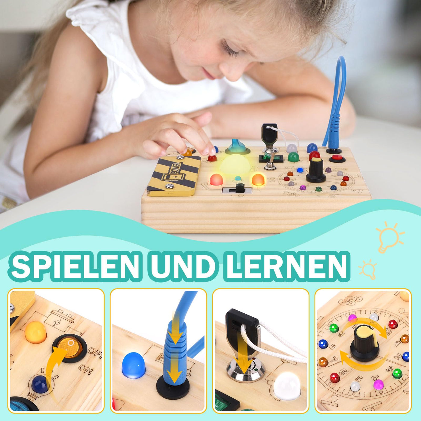 Busy Board Montessori Spielzeug ab 1 jahr Activity Board Holzspielzeug Mit 10 Schaltern und 23 LED Lichtern Sensorik Spielzeug Motorikspielzeug für Babys und Kinder ab 1 2 3 4 Jahre Jungen und Mädchen