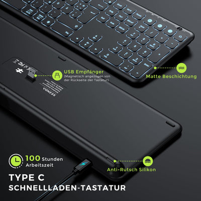 seenda Tastatur kabellos beleuchtet, USB & Bluetooth Tastatur mit 7 Farben Hintergrundbeleuchtung, Wiederaufladbare Leise Funktastatur für PC, Laptop, MacBook,Tablet, QWERTZ Layout(Schwarz)