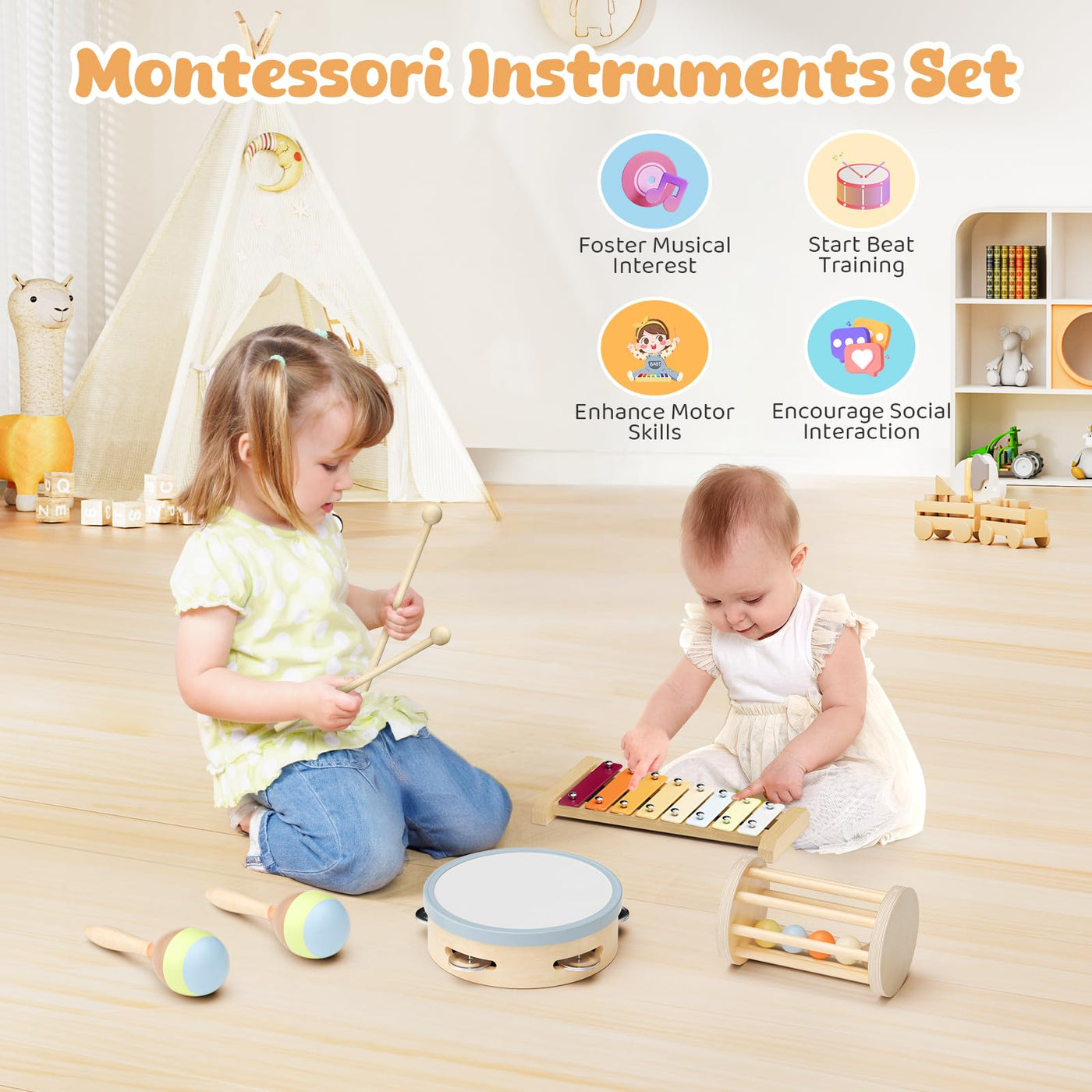 Musikinstrumente für Kinder, Montessori Musikinstrumente Set, Musik Holzspielzeug für Jungen und Mädchen, Spielzeug Geschenke Trommel Xylophon für Kleinkinder ab 1-3 Jahren