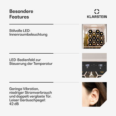 Klarstein Shirley Weinkühlschrank Mit Gefrierfach - 63 Flaschen, Zwei Zonen, –10 bis 18 °C, LED, Freistehend, Retro-Design, Hybrid-Regale, Schwarz