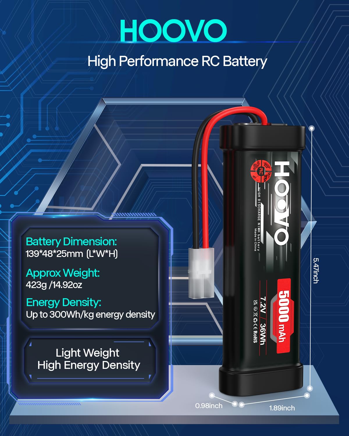 HOOVO 7,2 V NiMH Akku 5000mAh 6 Zellen RC Battery/Batterie für RC Car Autos Flugzeug Hubschrauber Boot Buggy Modellbau Spielzeug (2 Packungen