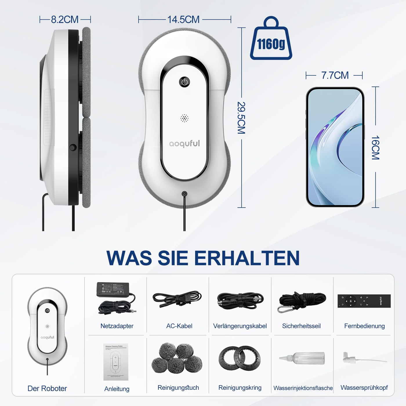 AOQUFUL intelligenter Fensterputzroboter, elektrischer Fensterputzer mit Dual-Wasserspray, automatischer Fensterroboter mit Fernbedienung und App, für Innen- und Außenfenster und Glas,12 Tücher, weiß