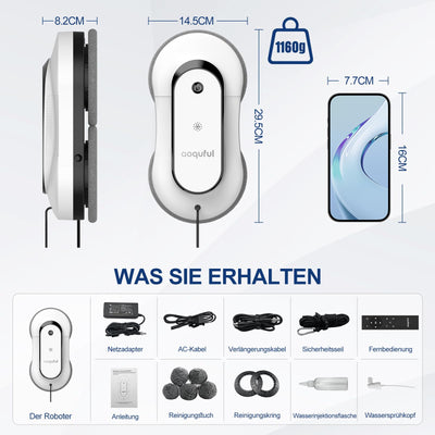 AOQUFUL intelligenter Fensterputzroboter, elektrischer Fensterputzer mit Dual-Wasserspray, automatischer Fensterroboter mit Fernbedienung und App, für Innen- und Außenfenster und Glas,12 Tücher, weiß